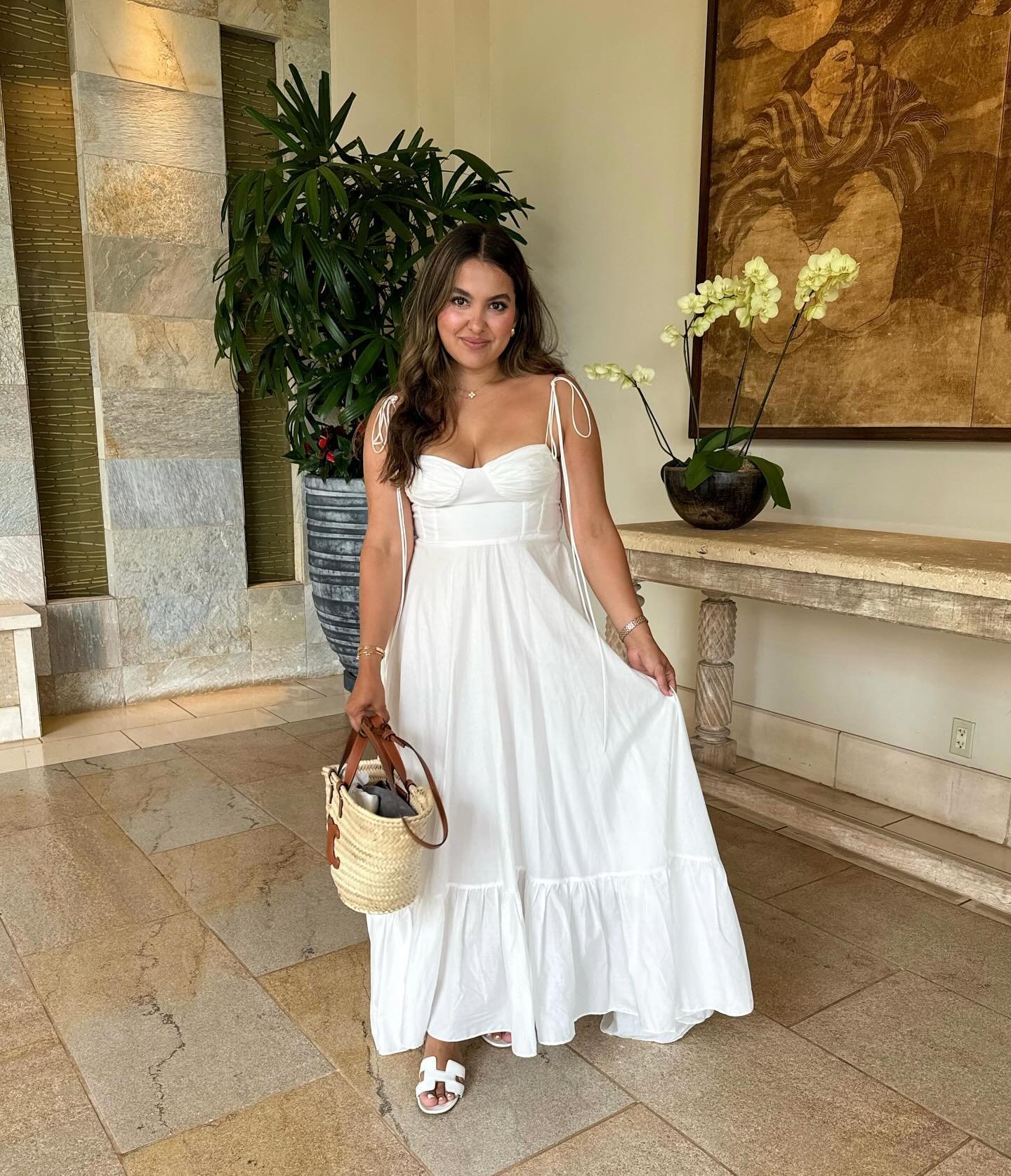 Flowing White Midi Dress with Straw Tote