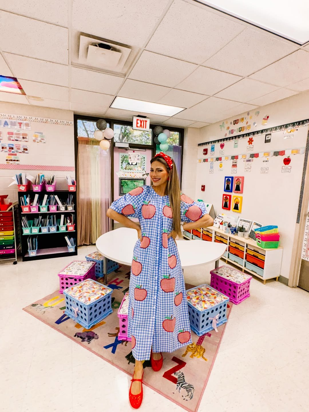 Gingham Apple Print Maxi Dress with Crimson Mary Janes