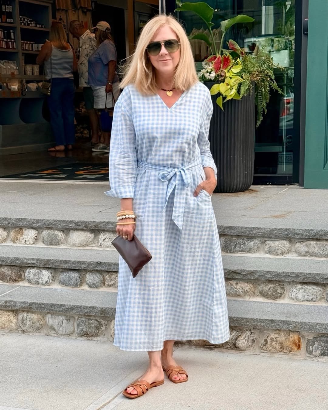 Gingham Midi Dress with a Tied Waist and Leather Slides
