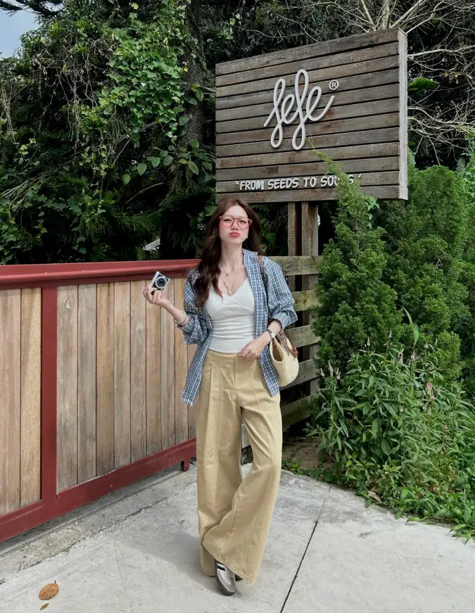 Gingham Overshirt with Cream Tank and Wide Leg Khaki Trousers