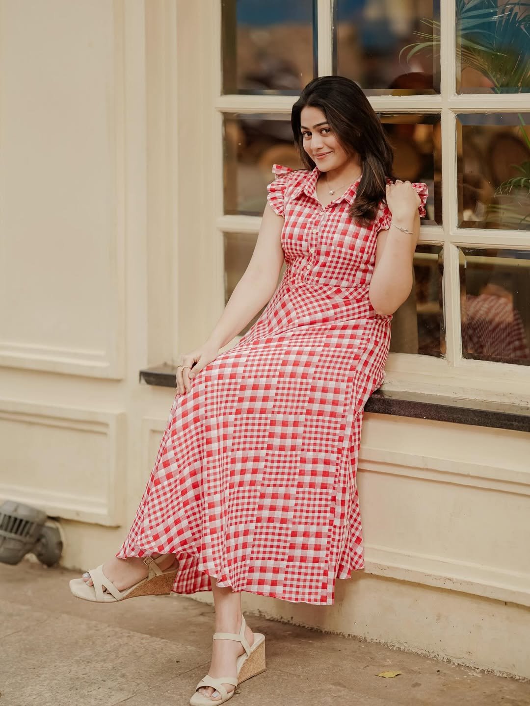 Gingham Ruffle Wedge Midi Dress for Daytime Networking