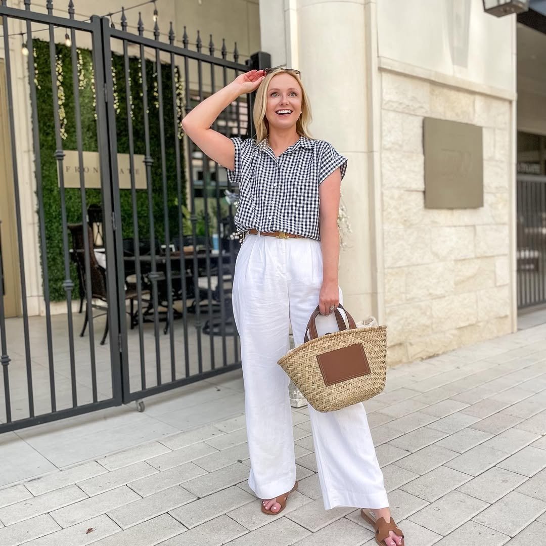 Gingham Short-Sleeve Button-Up with High-Waisted White Wide-Leg Pants