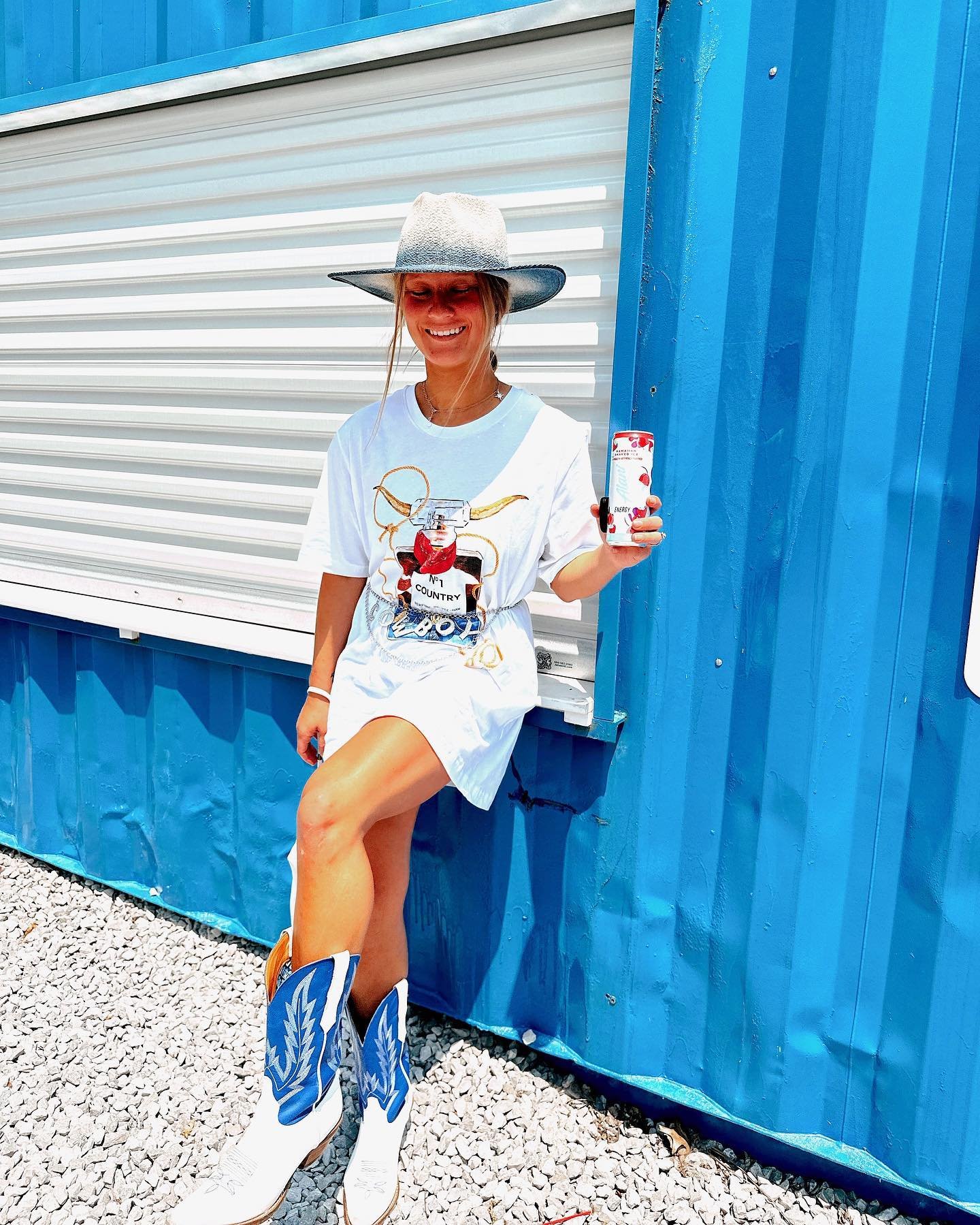 Graphic Tee Dress with Bold Blue Western Boots