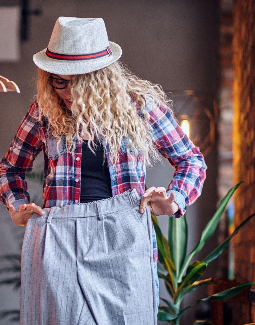 Gray Striped Trousers and Plaid Layering Casual Weekend Comfort