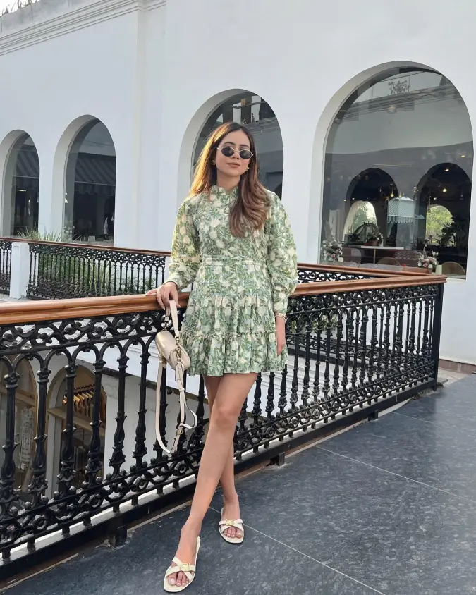 Green Floral Mini Dress With Cream Sandals