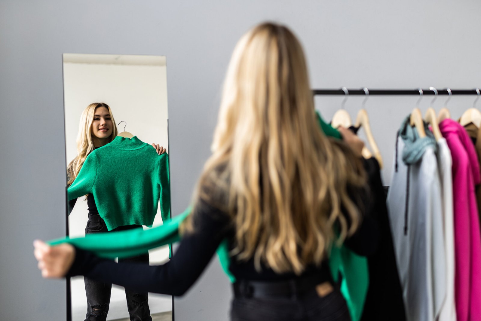 Green Knit Mock Neck and Casual Denim: Bright Visual Contrast for Everyday Comfort