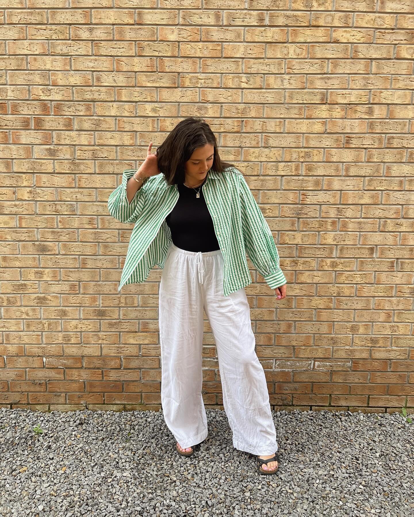 Green Striped Oversized Shirt with White Linen Drawstring Trousers