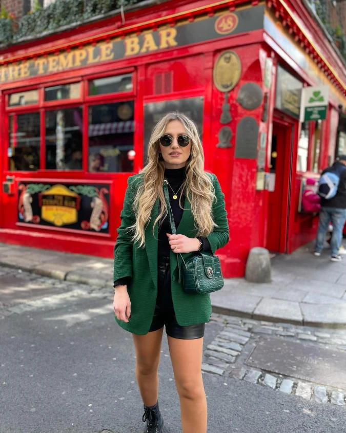 Green Textured Blazer with Black Leather Shorts