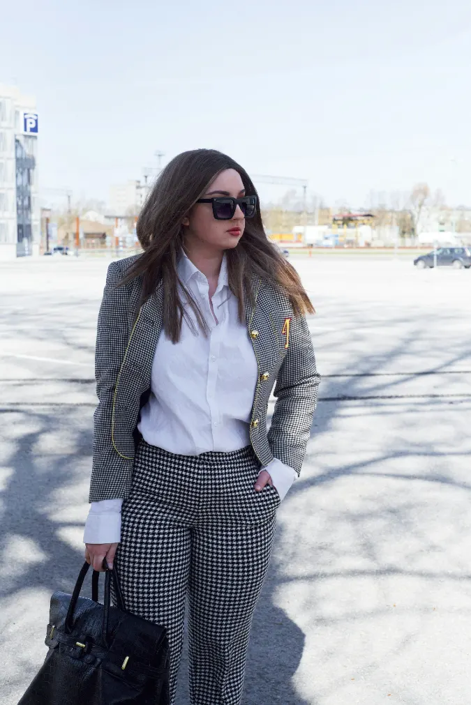 Grey Houndstooth Blazer with White Shirt and Tailored Check Trousers Street Classic