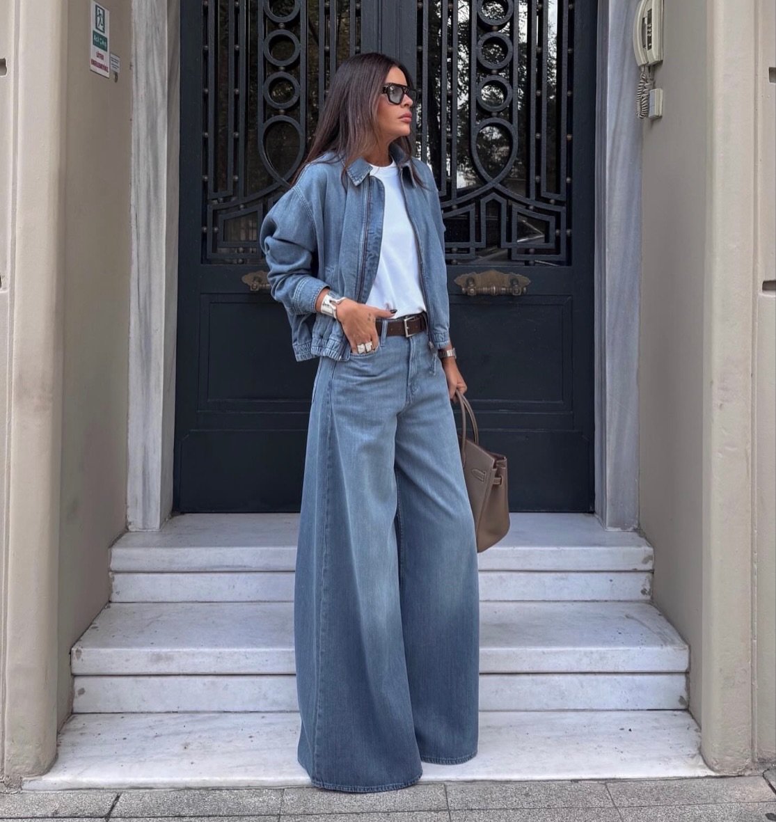 High-Rise Extra-Wide Denim with Matching Jacket and Crisp White Tee