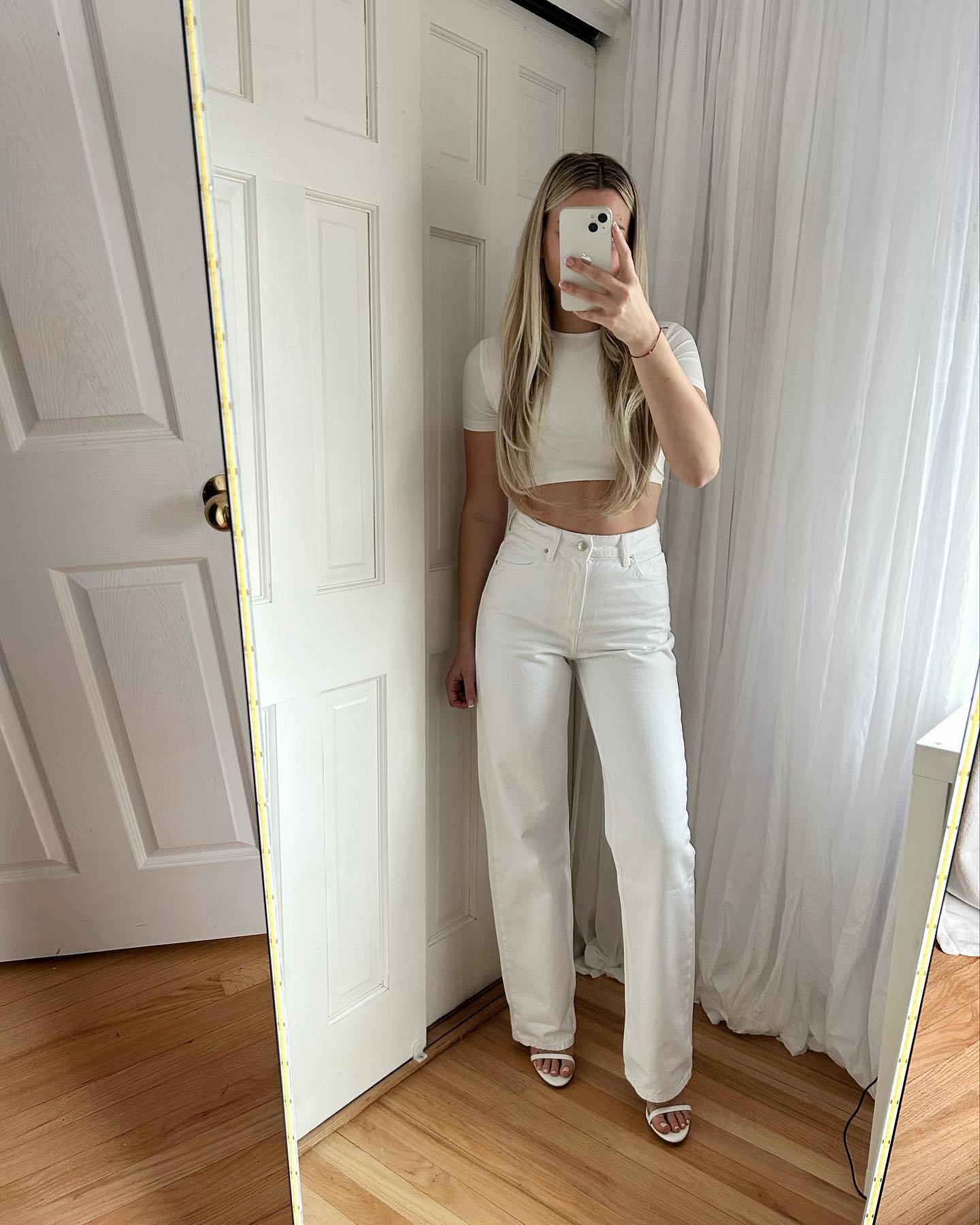 High-Rise Straight-Leg Jeans with Matching Cropped Tee and Strappy White Sandals