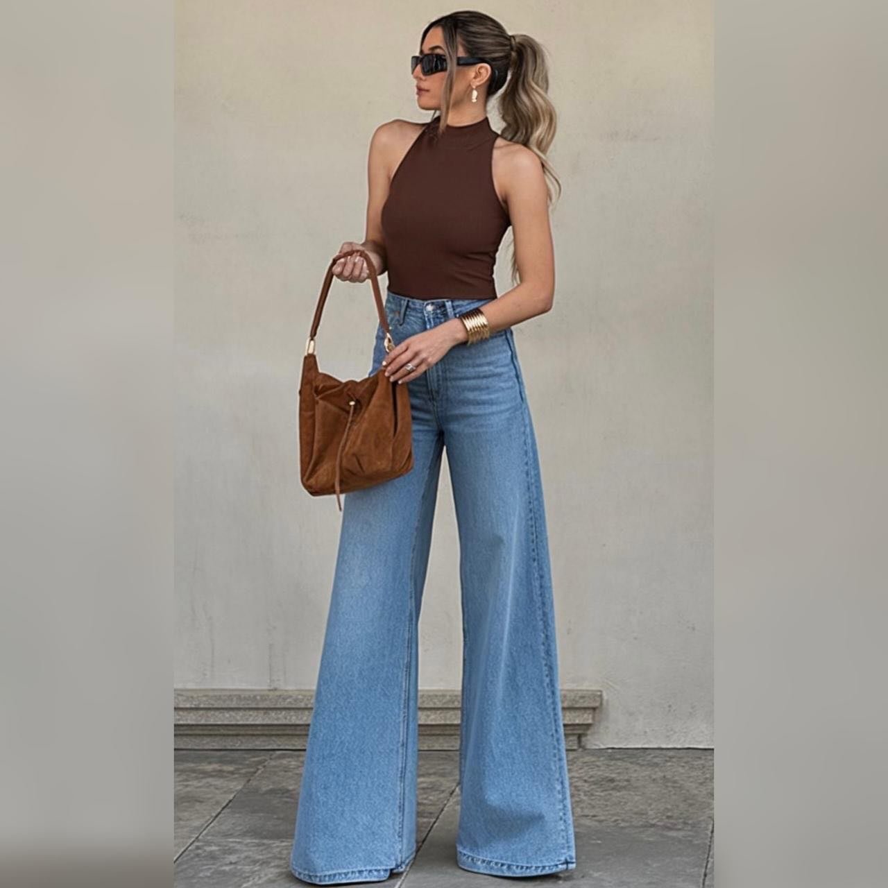 High-Rise Wide-Leg Denim with Chocolate Mock-Neck Tank