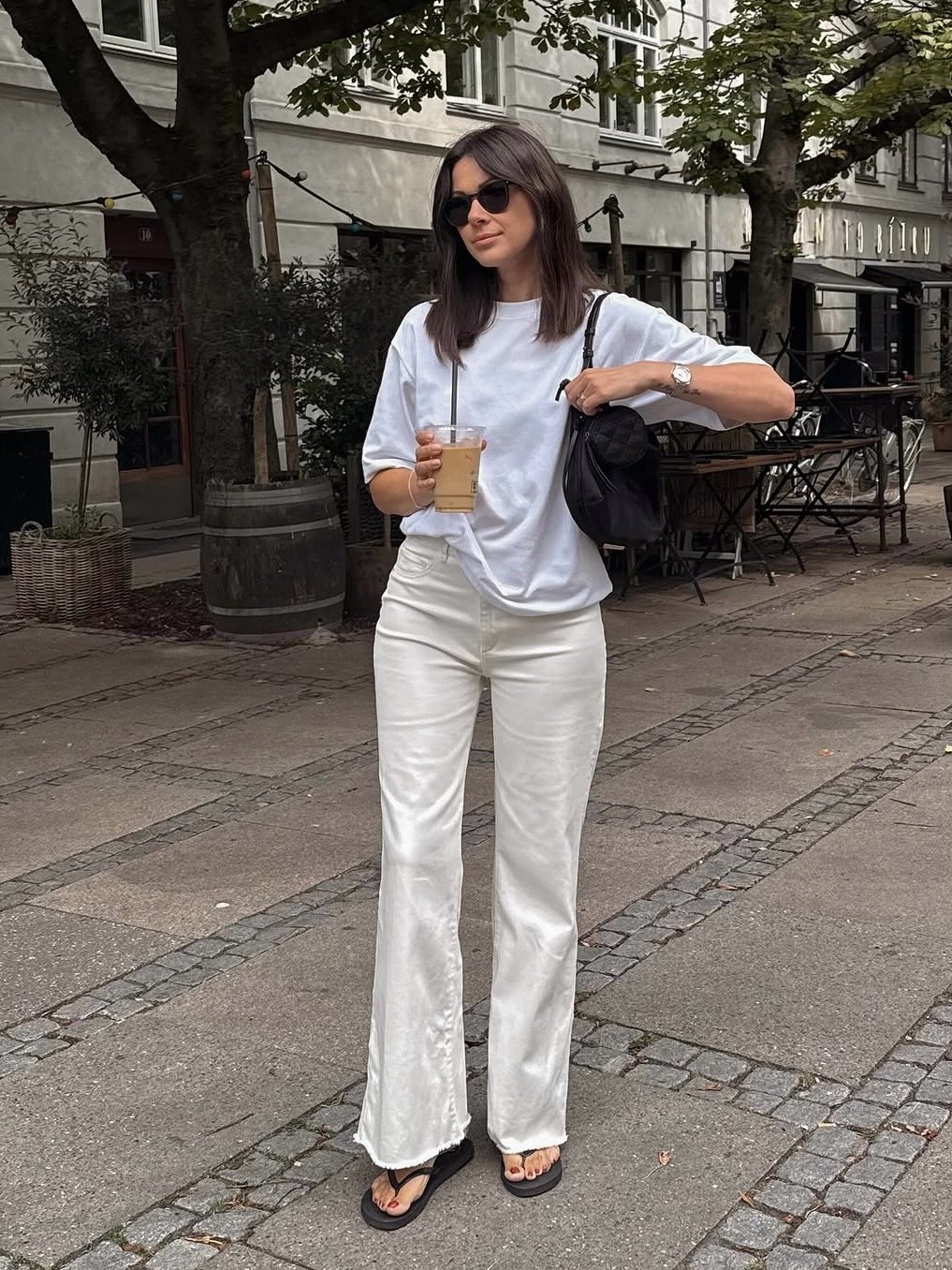 High-Rise Wide-Leg Denim with Oversized White Tee and Black Platform Sandals