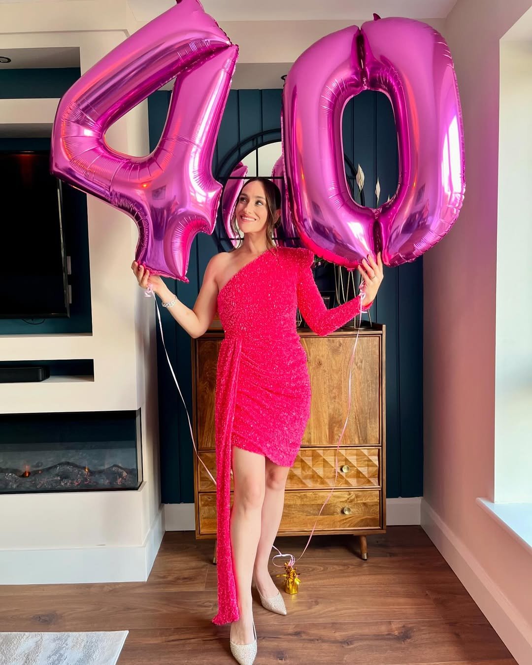 Hot Pink One-Shoulder Sequin Dress with Giant Foil Number Balloons