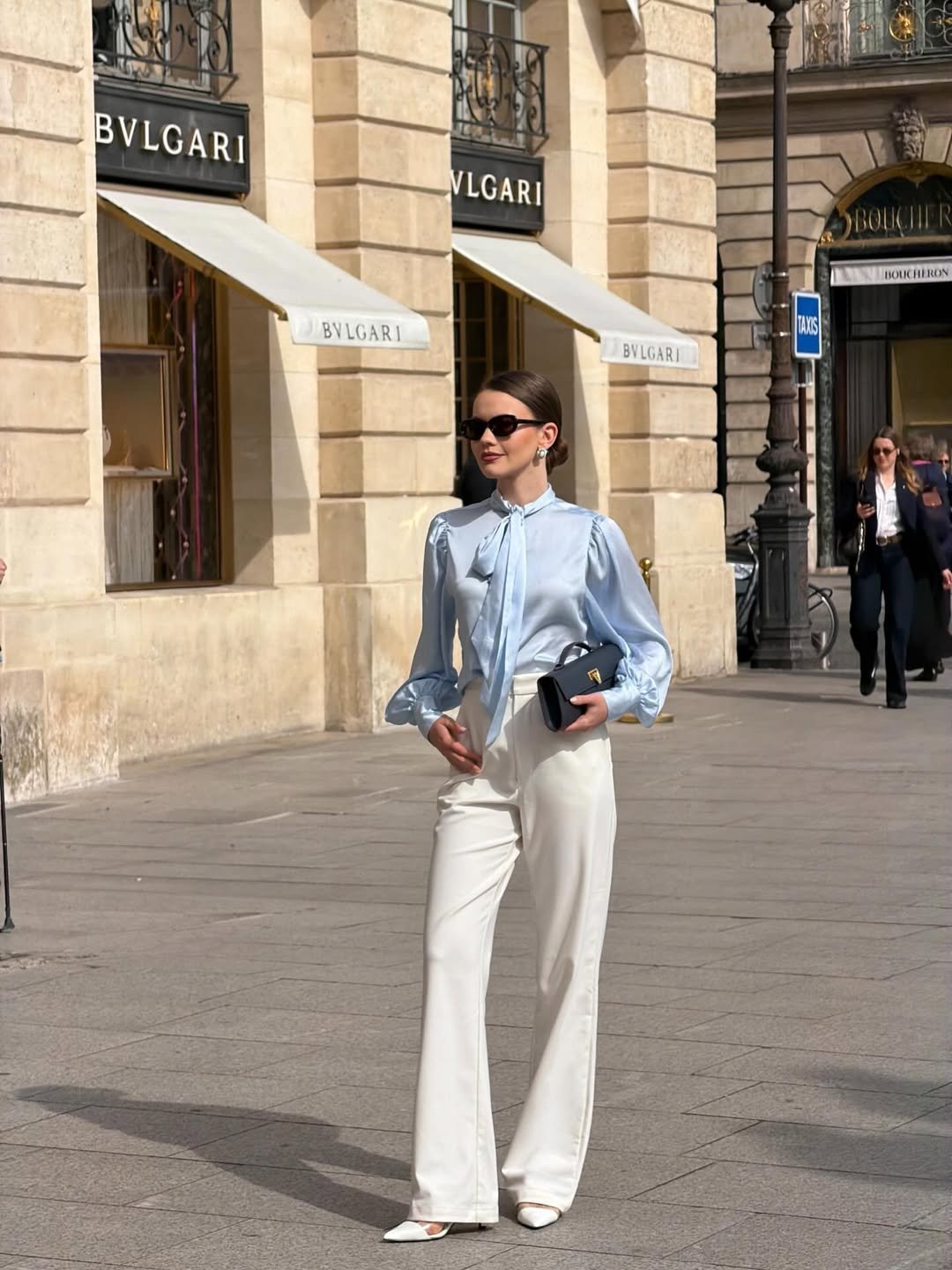 Ice Blue Silk Blouse and Tailored White Trousers