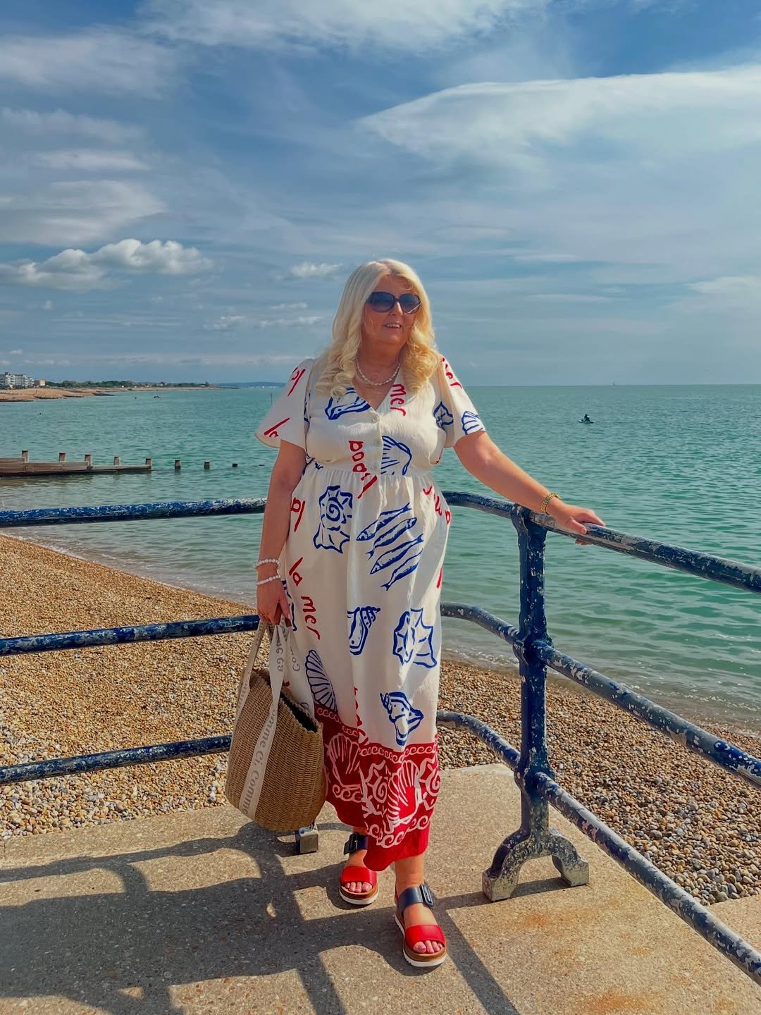 Illustrated Marine Motif Maxi Dress with Red Platform Sandals
