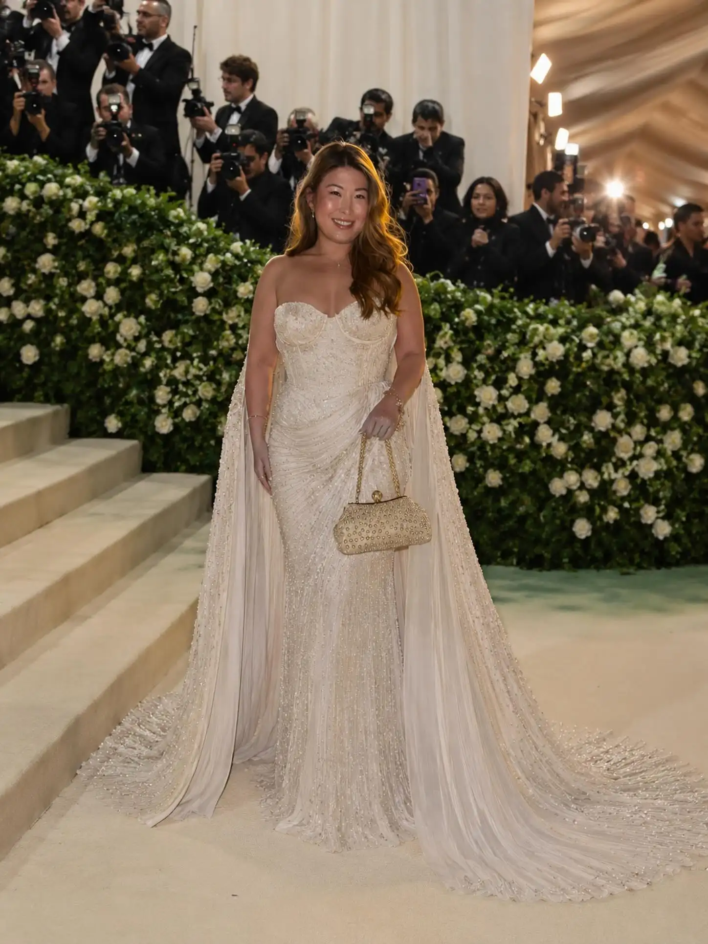 Ivory Cape-Train Embellished Gown at Rose Garden Staircase Gala