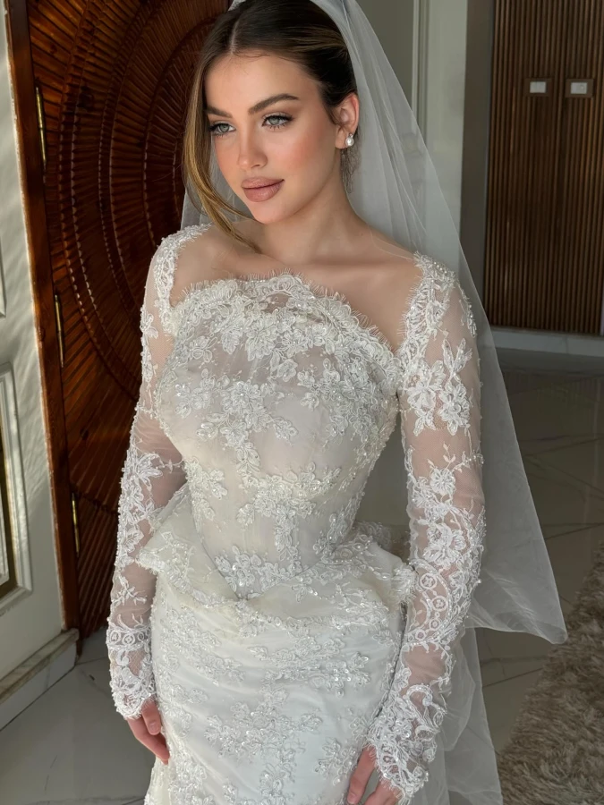 Ivory Lace Fitted Bridal Shower Gown With Modest Romantic Detail
