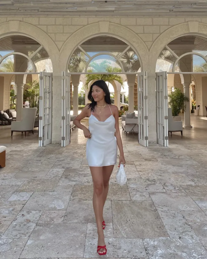 Ivory Satin Glow Mini Dress Red Accent Glam