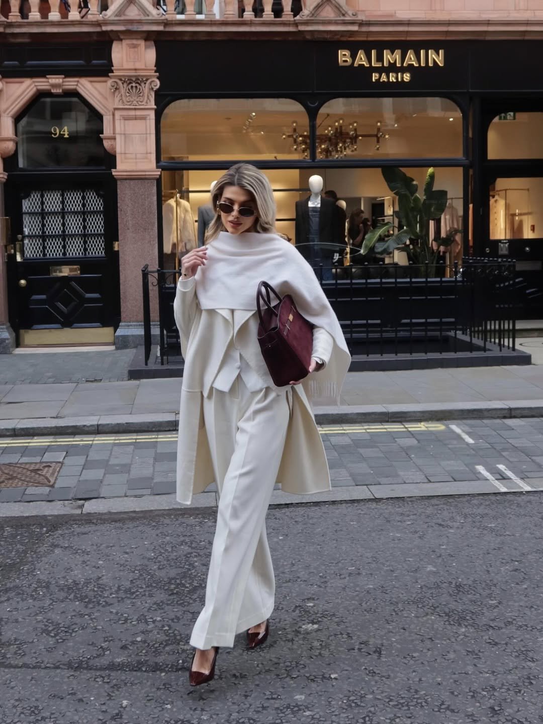 Ivory Wrap Coat with Matching Tailored Trousers and Deep Burgundy Suede Tote
