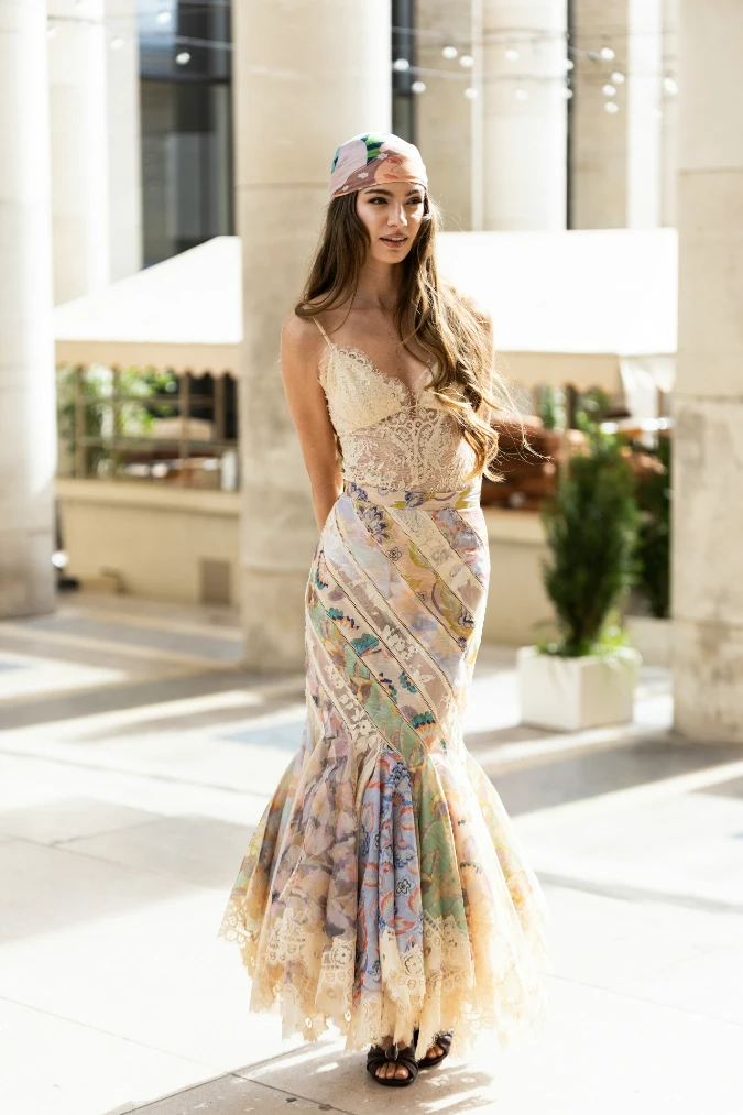 Lace Bodice with Pastel Floral Skirt and Printed Headscarf