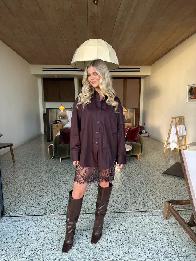 Lace Hem Shirt Dress With Tall Brown Boots