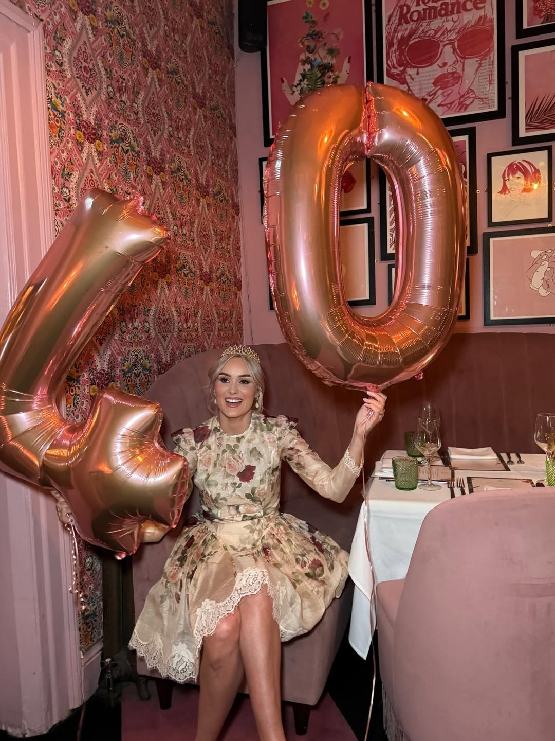 Lace-Trimmed Floral Midi Dress with Rose Gold Birthday Balloons in a Pink Booth