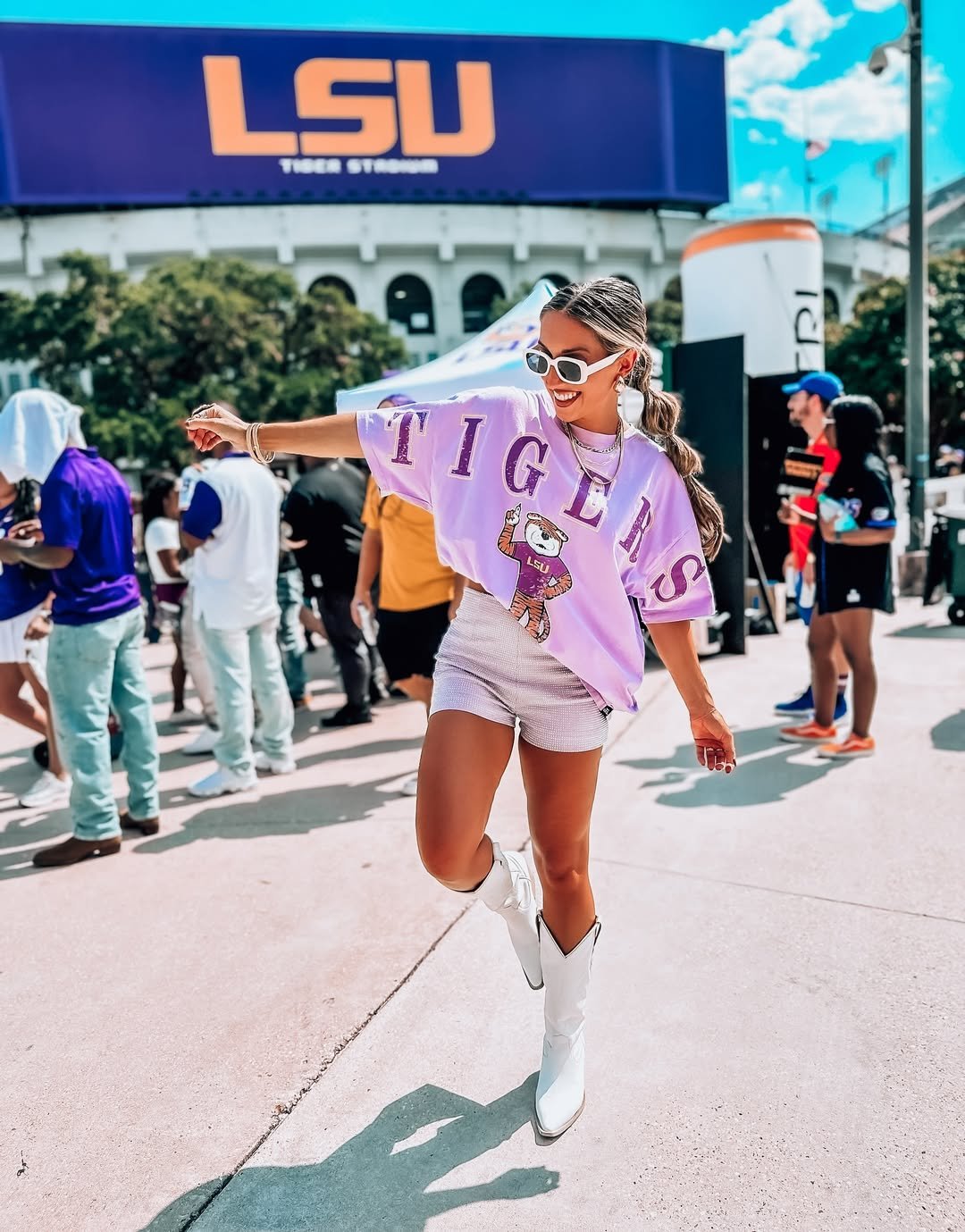 Lavender Oversized Graphic Tee and White Western Boots Game Day Casual
