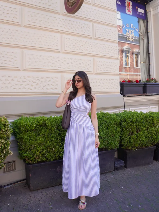 Lavender Stripe Maxi Dress With Flat Sandals