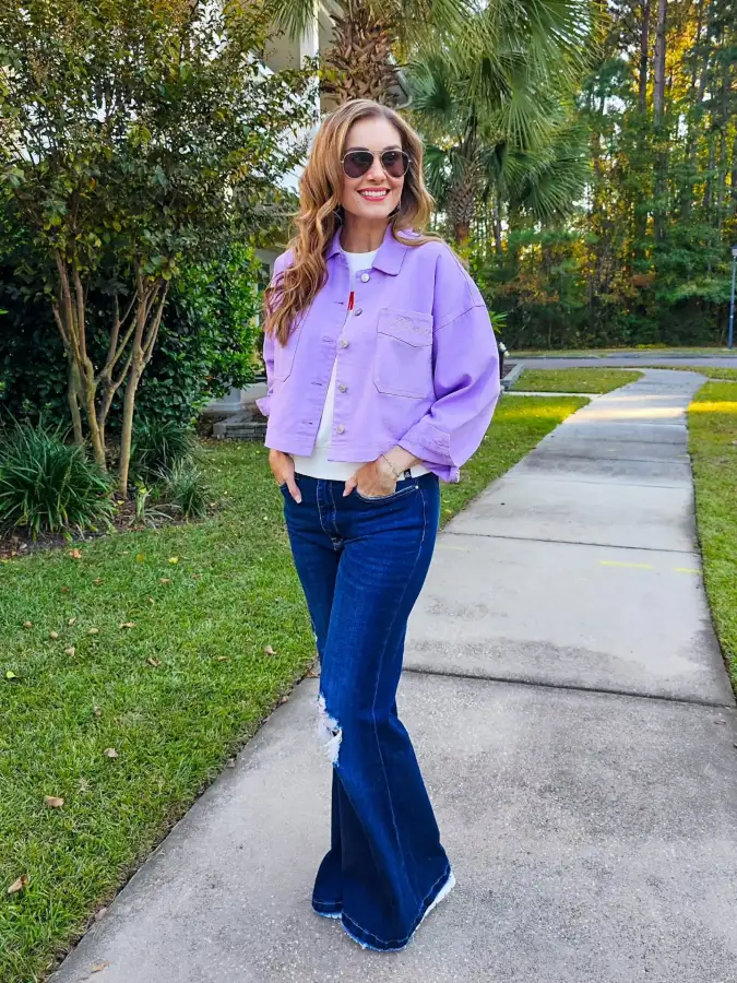 Lavender Utility Jacket and Wide Leg Denim Casual Campus Style for Sorority Recruitment Round 1
