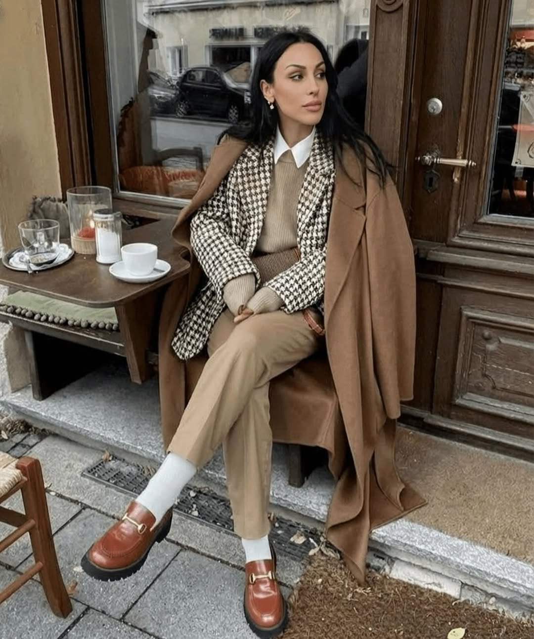 Layered Camel Overcoat with Houndstooth Blazer and Classic Leather Loafers