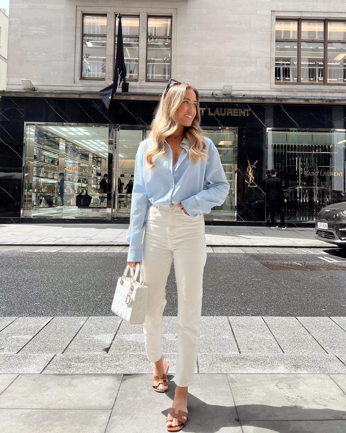 Light Blue Button-Down with Crisp White Ankle Denim
