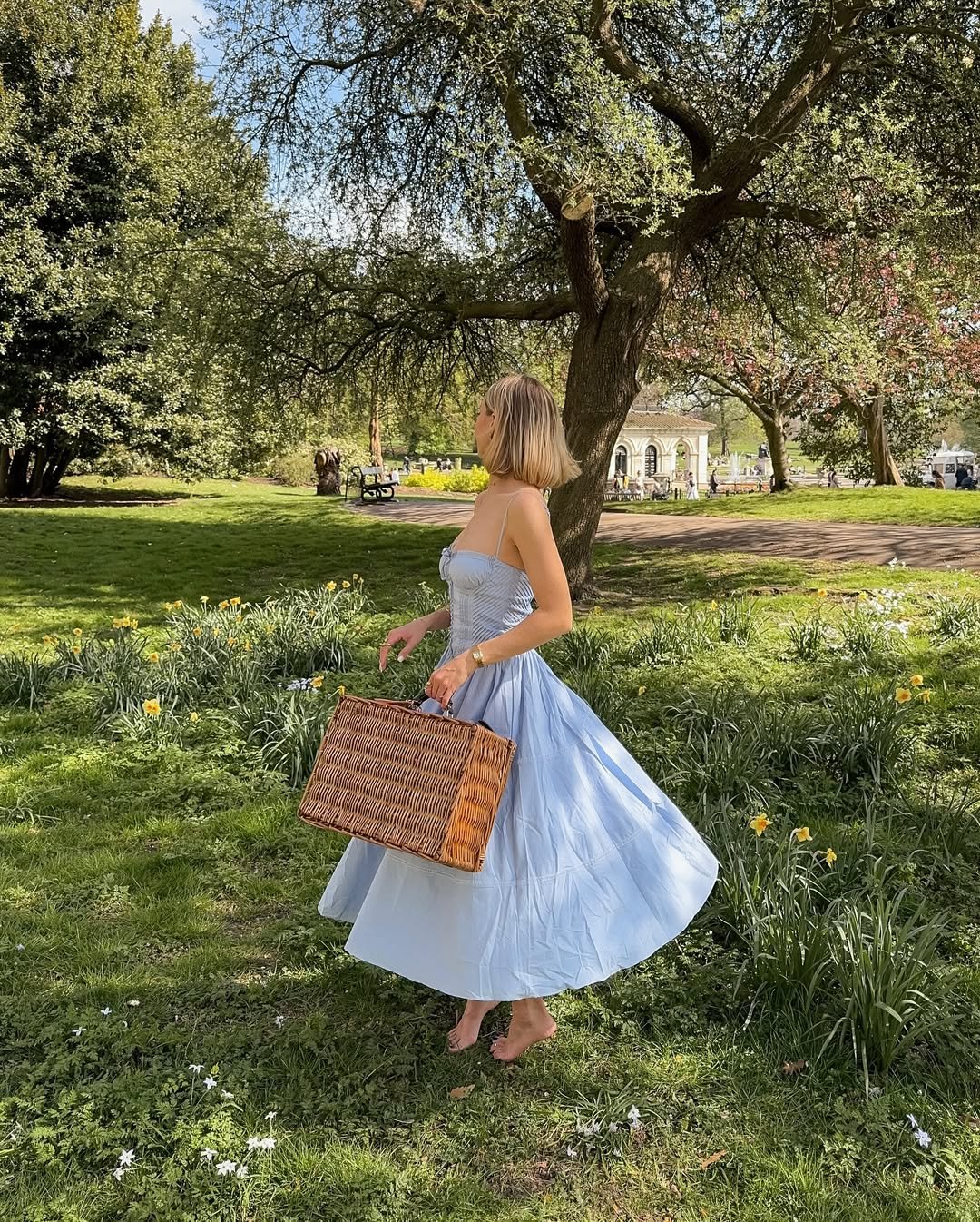Light Blue Corset Midi Dress with a Large Woven Basket