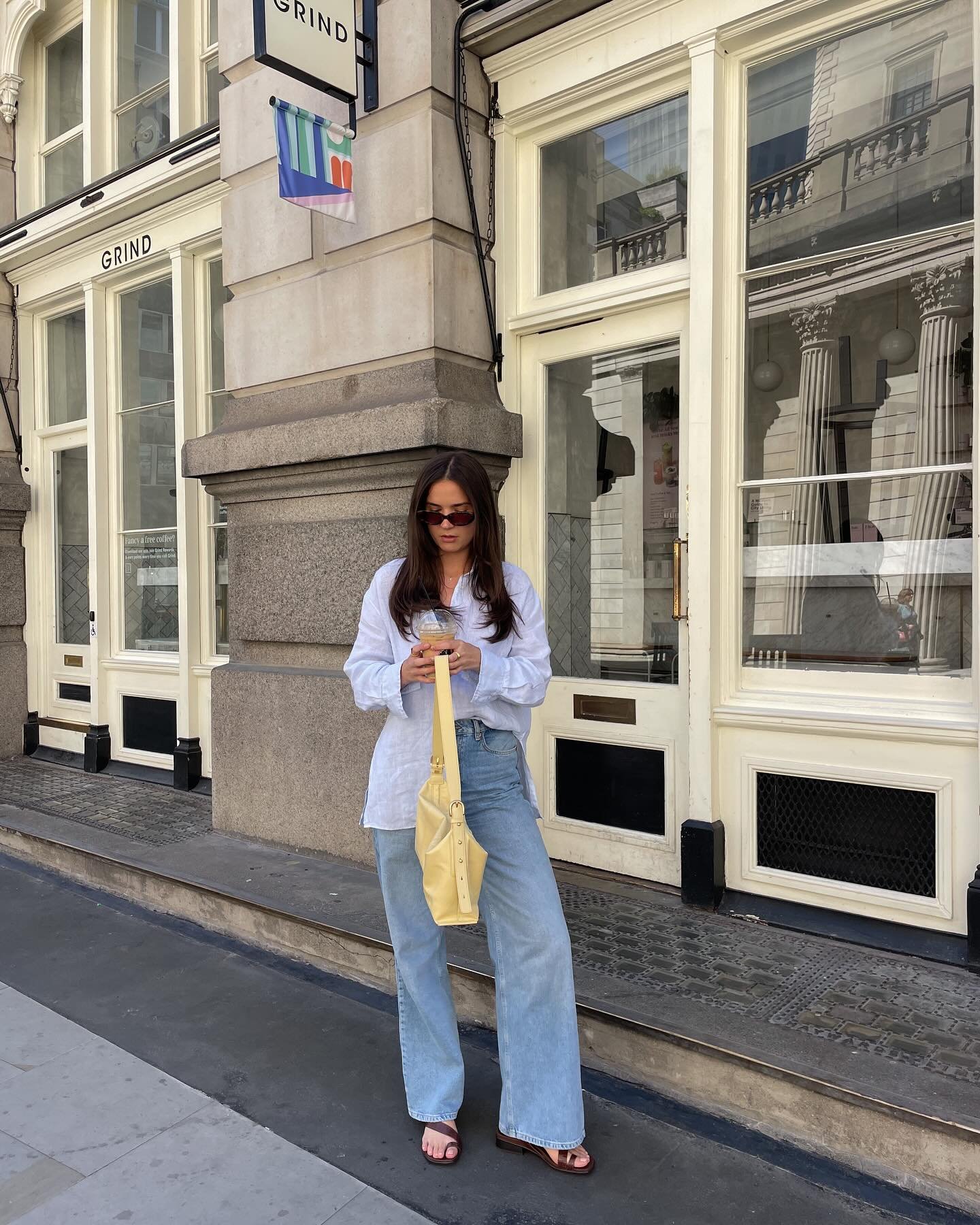 Light Wash Wide Denim with Half-Tucked Linen Button-Down