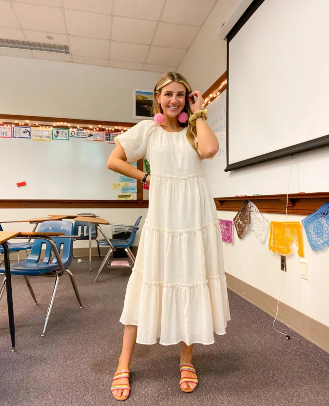 Lightweight Cream Tiered Dress with Rainbow Sandals