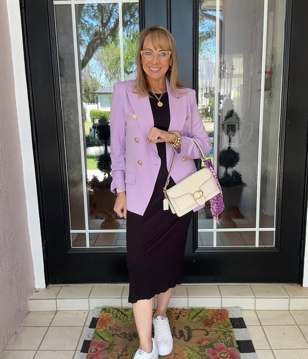 Lilac Blazer and Knit Dress for Retirement Party Guest Success