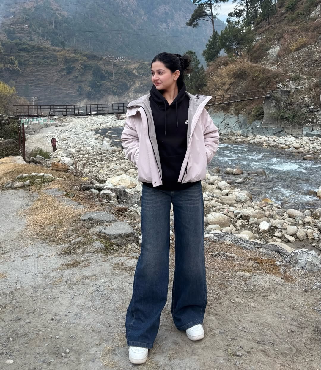 Lilac Hooded Puffer Jacket with Black Hoodie and Wide-Leg Denim