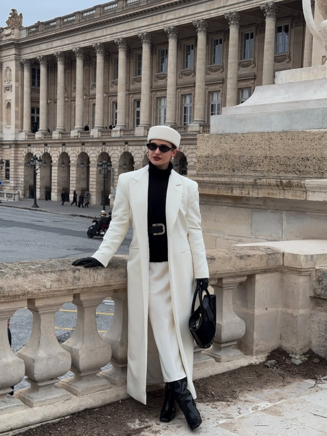 Longline Cream Tailored Coat with Black Turtleneck and Structured Pillbox Hat