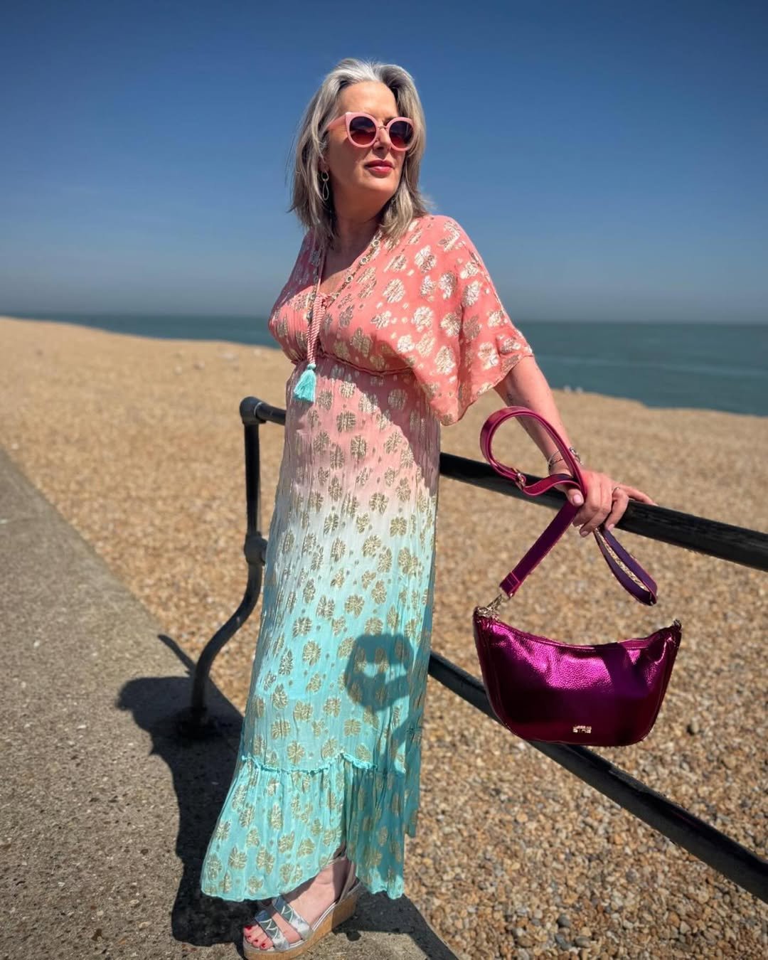 Metallic Jacquard Ombre Maxi Dress with a Magenta Shoulder Bag