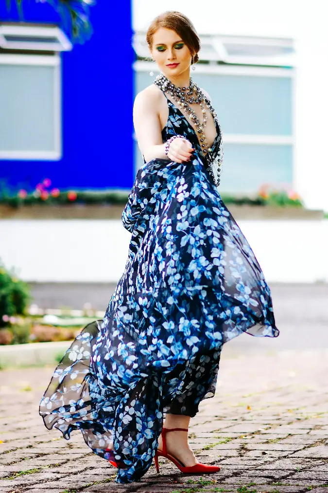 Midnight Blue Sheer Floral Maxi with Red Heels