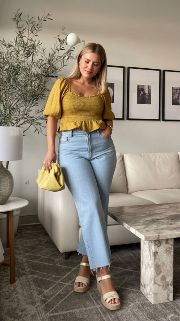 Mustard Smocked Top and Wide-Leg Denim Everyday Casuals How To Make Your Outfit More Flattering