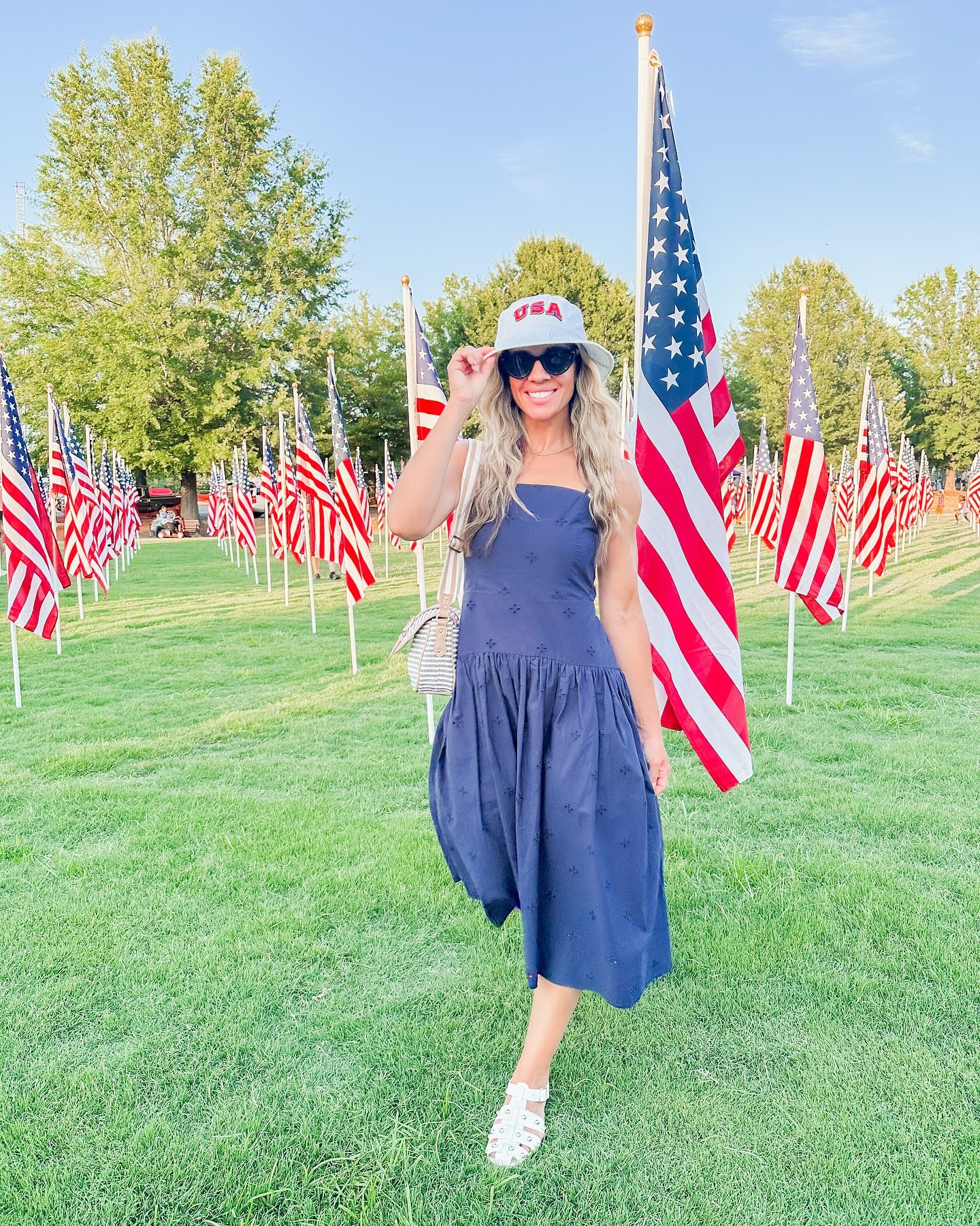 Navy Eyelet Midi Dress with Thematic Bucket Hat