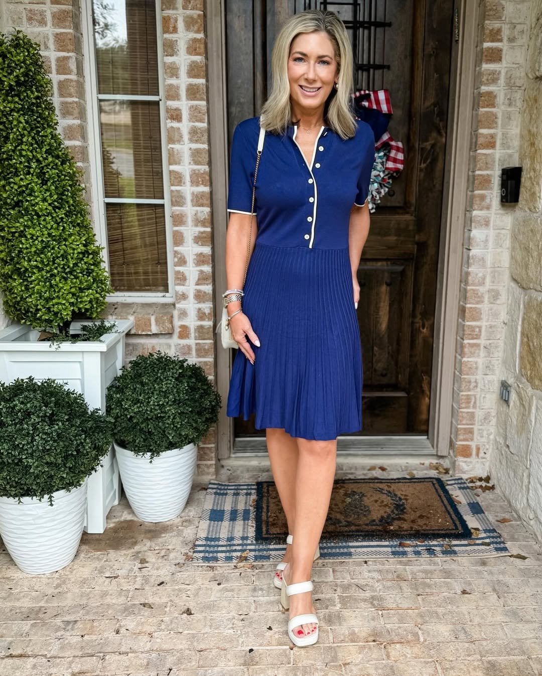 Navy Pleated Polo Dress with White Contrast Piping and Strappy Block Heels