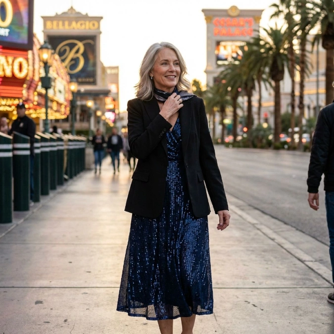 Navy Sequin Midi Dress with a Black Blazer on the Strip