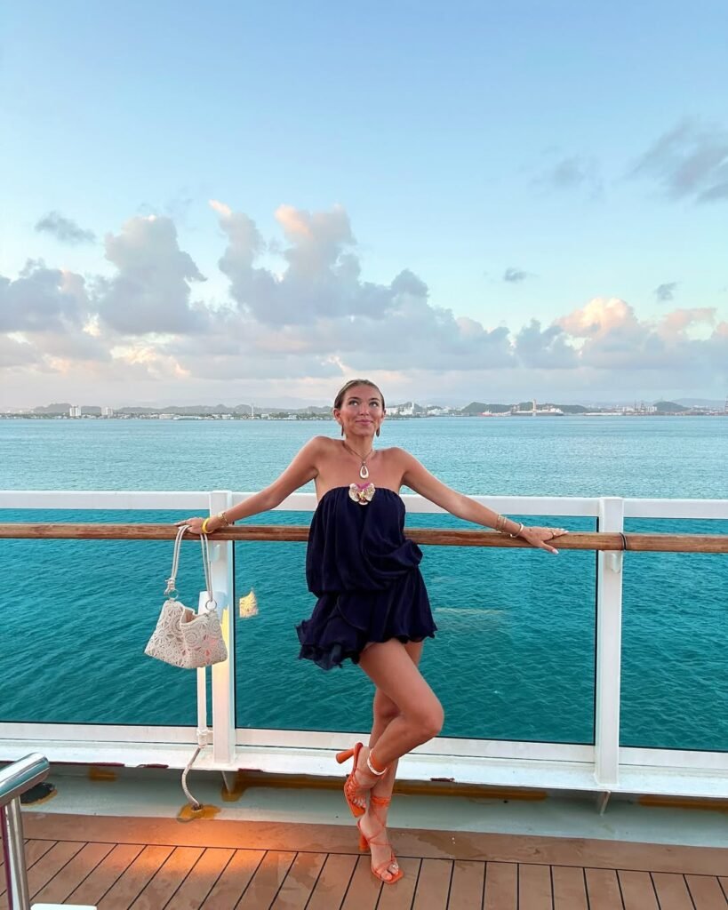 Navy Strapless Mini Dress with Orange Strappy Heels