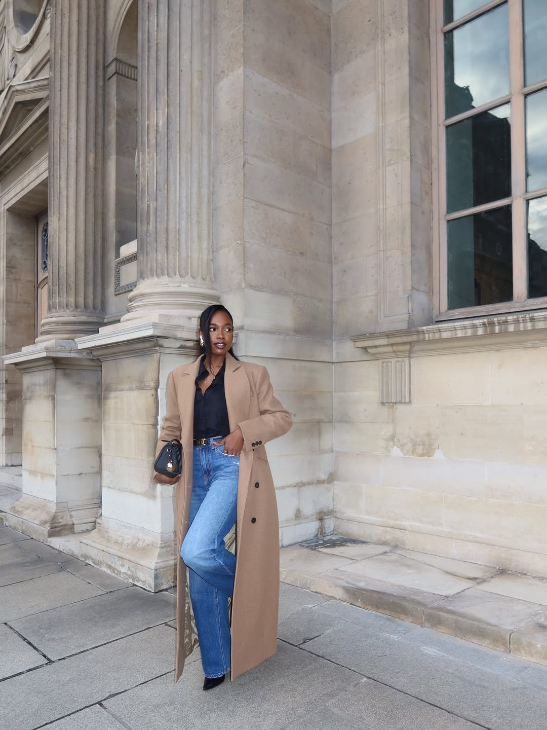 Neutral Camel Long Coat and Denim Professional Polished Smart Casual