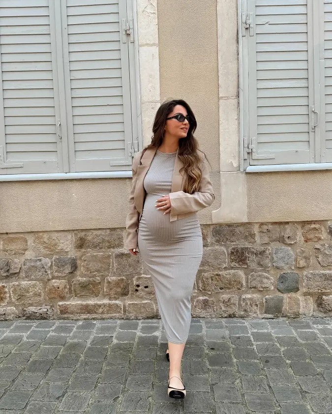 Neutral Ribbed Dress With Blazer Layer