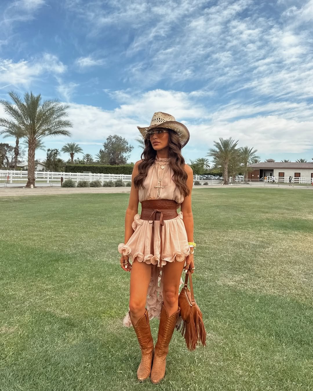 Neutral Tiered Western Chiffon Dress for a Country Club Brunch