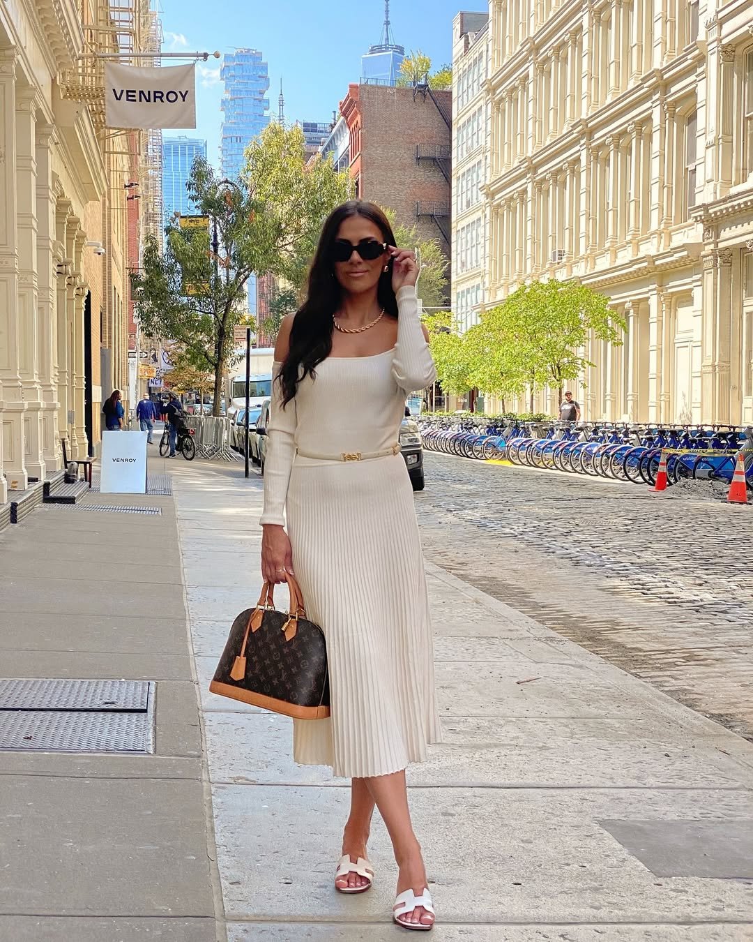 Off-the-Shoulder Ribbed Knit Dress with Slim Belt and Monogram Dome Bag