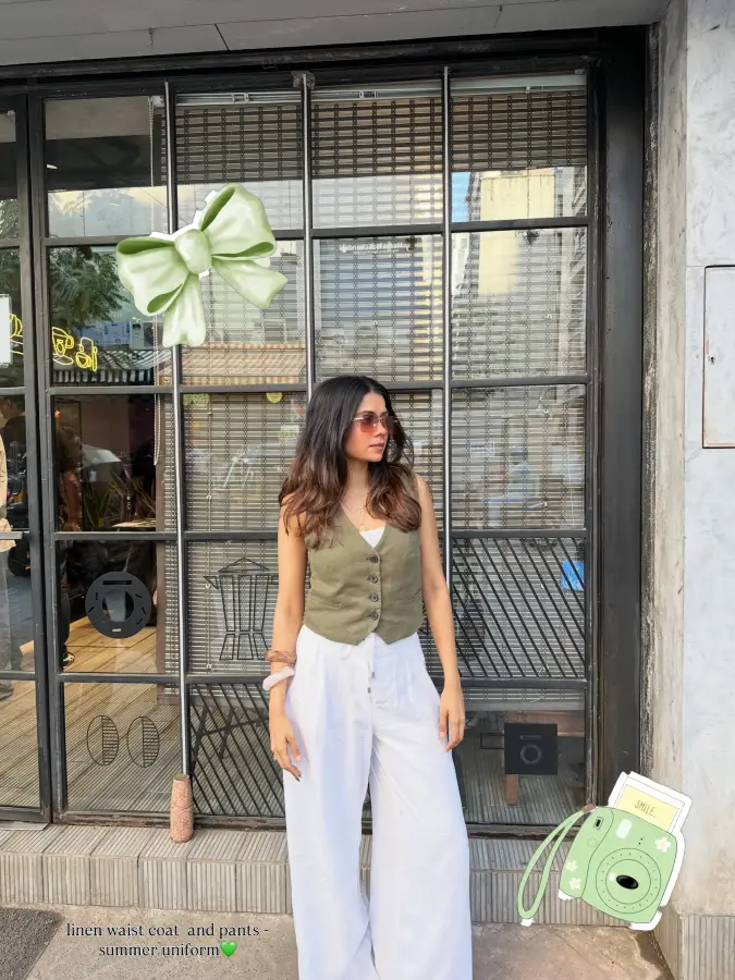 Olive Linen Vest With White Wide Leg Pants